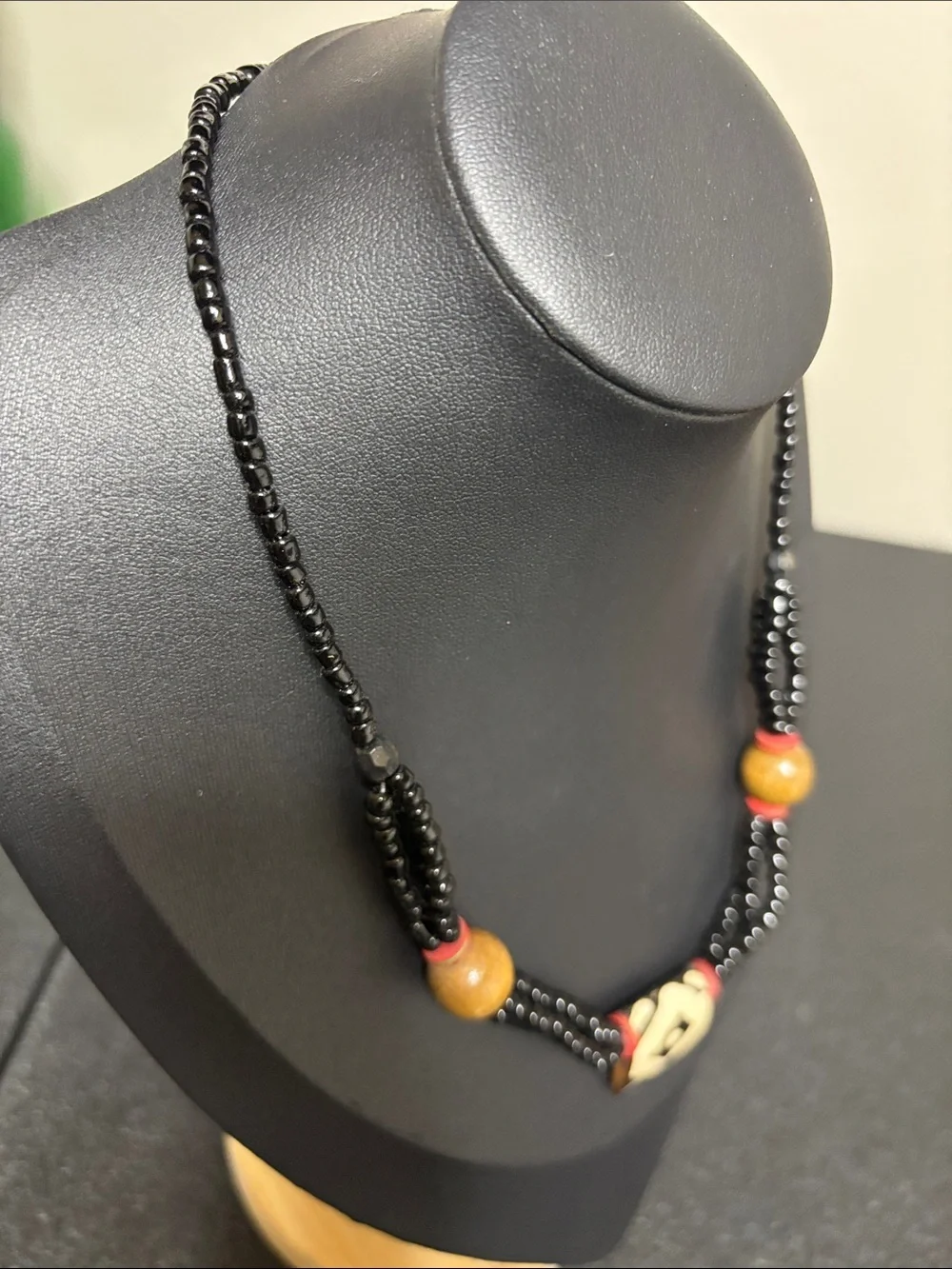Vintage Black Glass Beaded Bone Pendant Boho Artisan Necklace